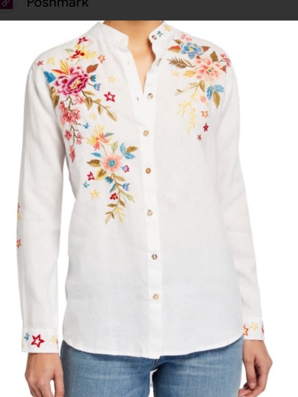 Johnny Was White Button-Down Shirt with Multicolor Floral Embroidery